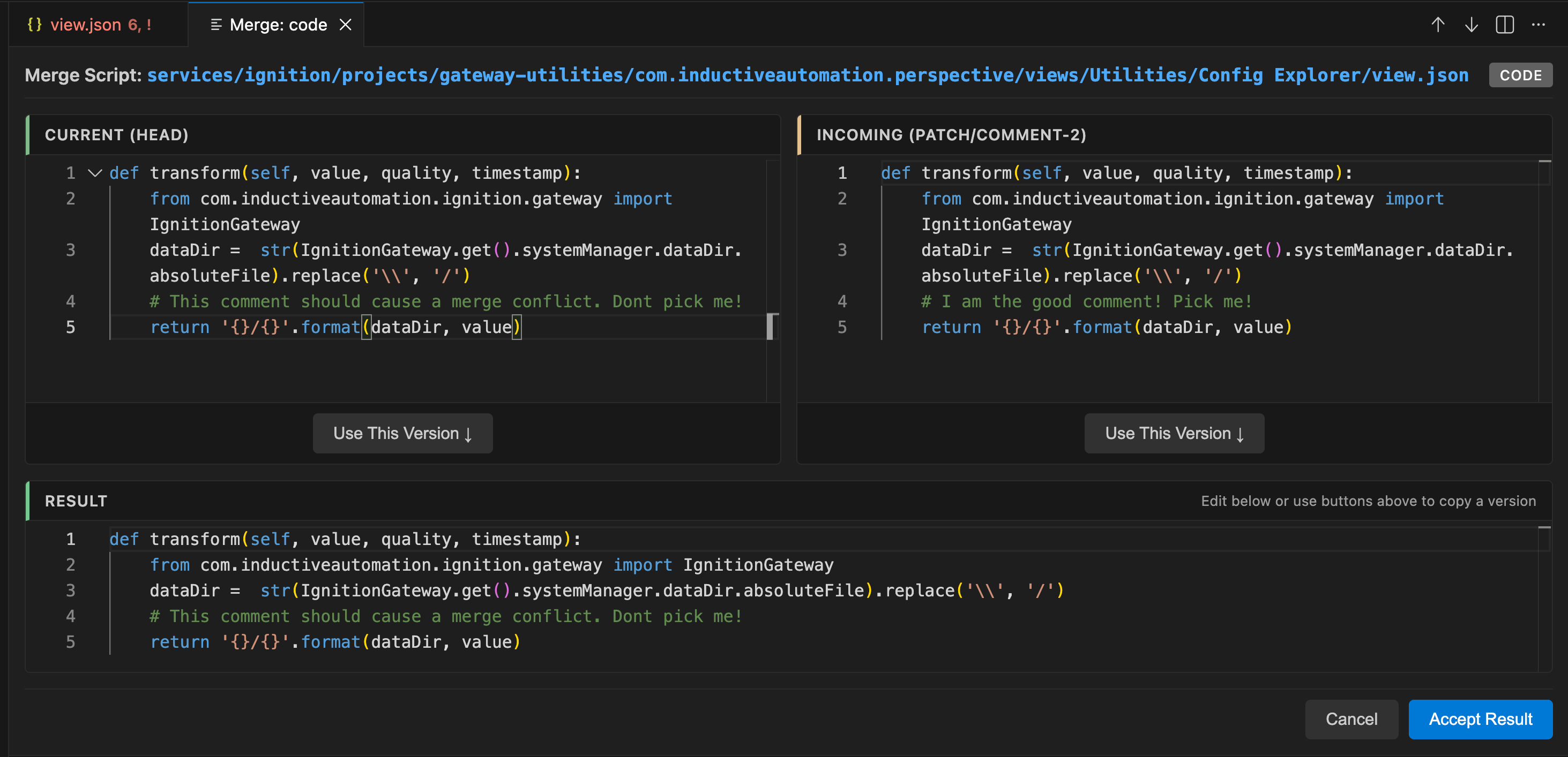 Merge editor showing three panels for conflict resolution
